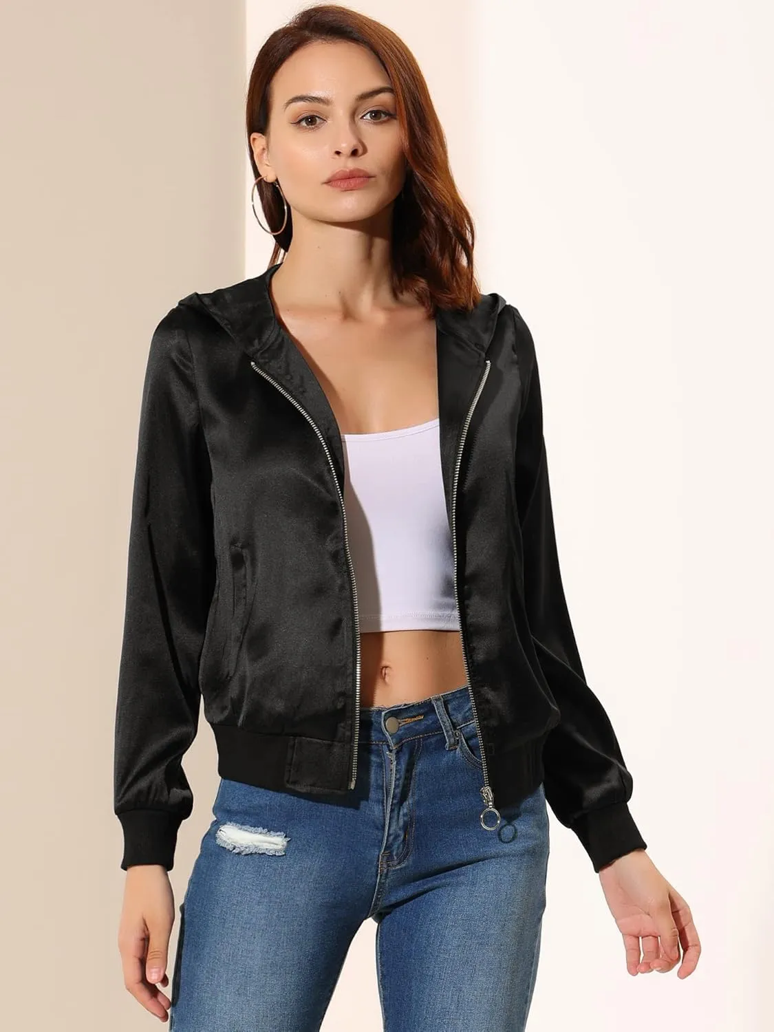 Allegra K Women's Casual Bomber Jacket Satin Zip Up Lightweight Hooded Windbreaker Outerwear