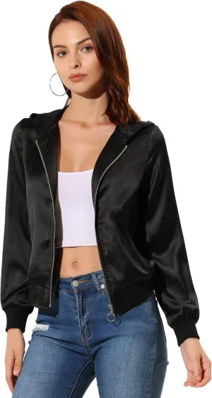 Allegra K Women's Casual Bomber Jacket Satin Zip Up Lightweight Hooded Windbreaker Outerwear