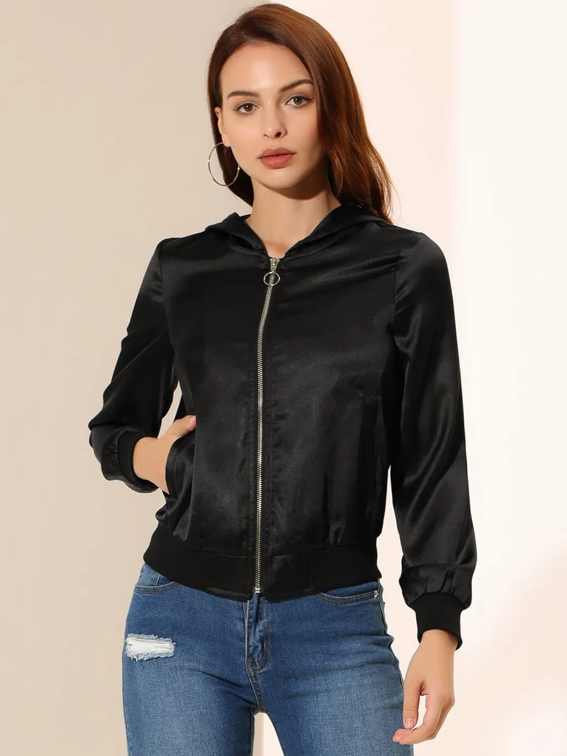 Allegra K Women's Casual Bomber Jacket Satin Zip Up Lightweight Hooded Windbreaker Outerwear