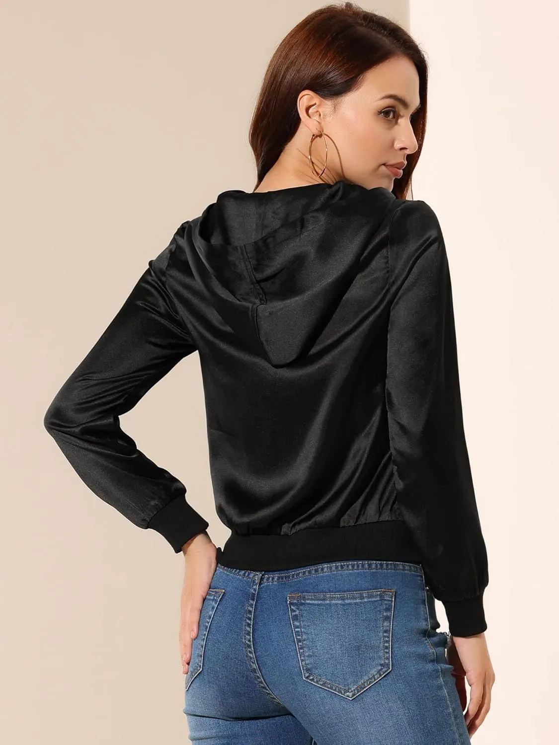 Allegra K Women's Casual Bomber Jacket Satin Zip Up Lightweight Hooded Windbreaker Outerwear