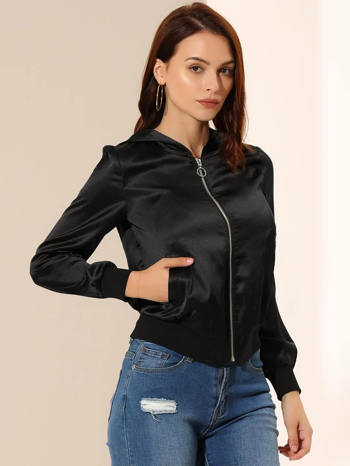 Allegra K Women's Casual Bomber Jacket Satin Zip Up Lightweight Hooded Windbreaker Outerwear