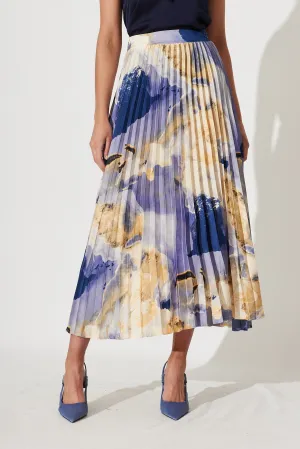 Allison Midi Pleat Skirt In Blue With Beige Print Satin