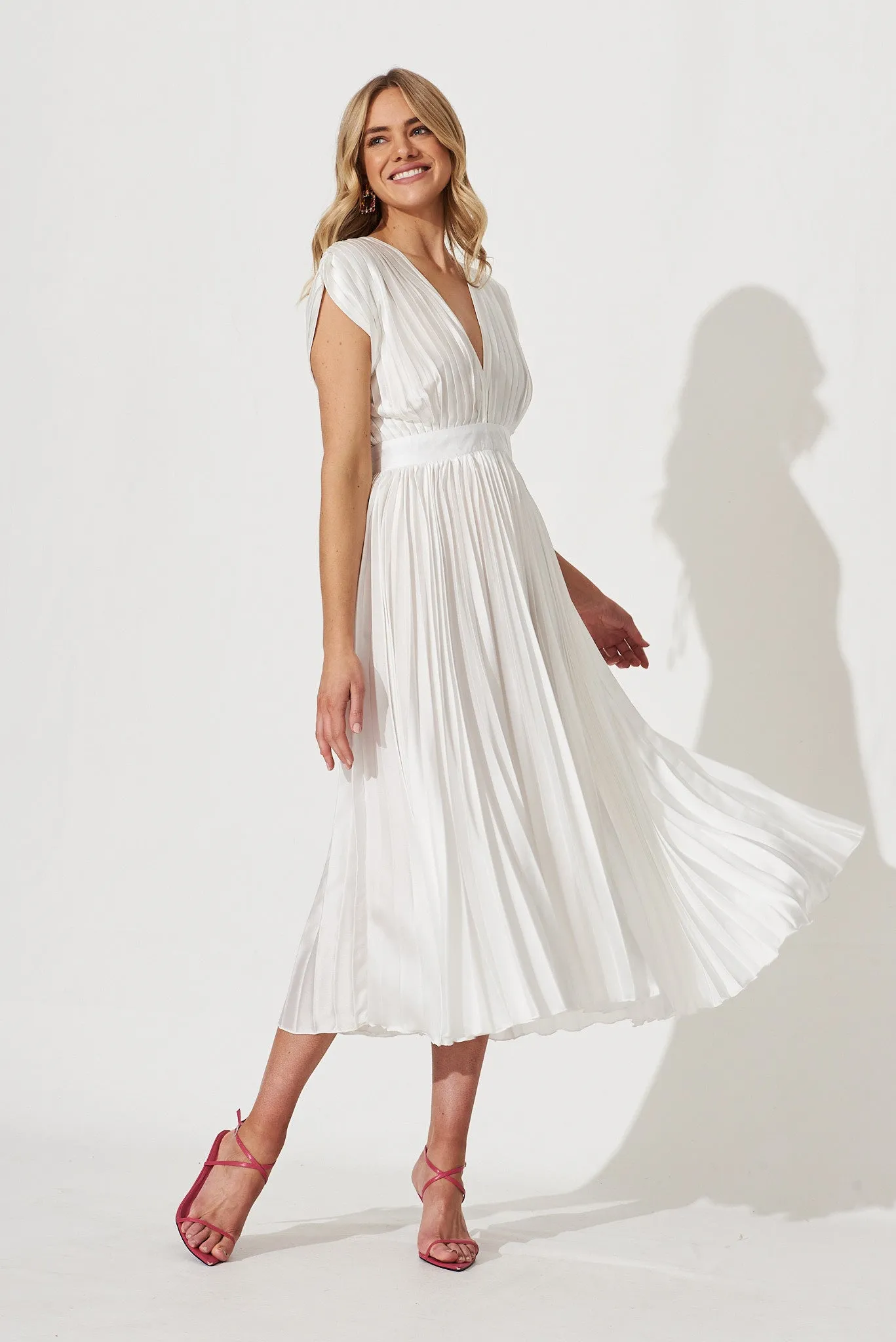 Anetta Midi Dress In Pleated White Satin