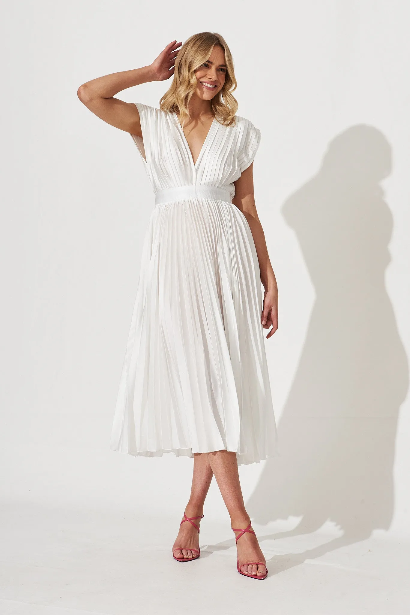 Anetta Midi Dress In Pleated White Satin