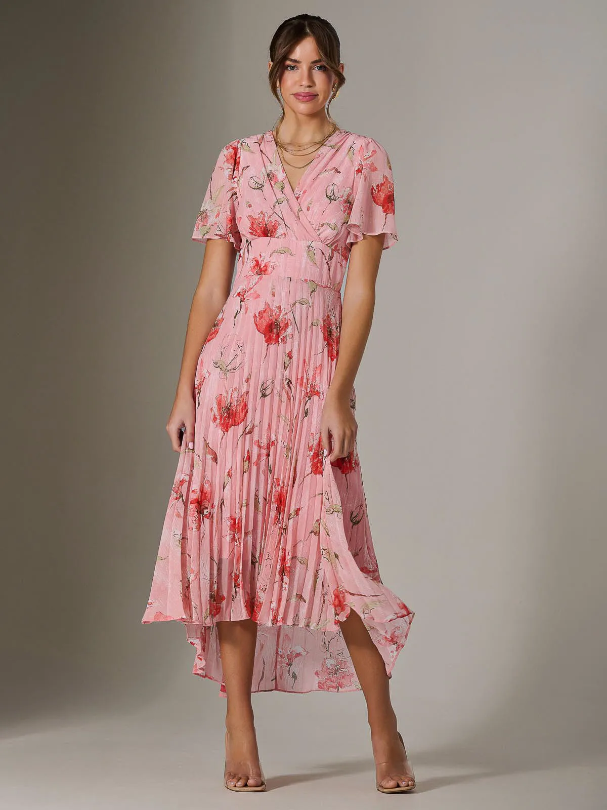 Angel Sleeve Pleated Chiffon Maxi Dress, Coral Pink