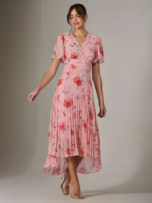 Angel Sleeve Pleated Chiffon Maxi Dress, Coral Pink