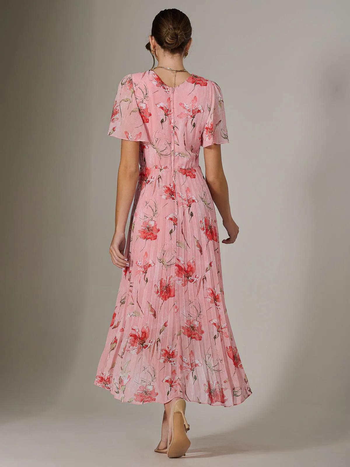Angel Sleeve Pleated Chiffon Maxi Dress, Coral Pink