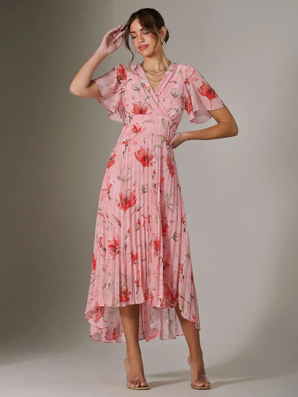 Angel Sleeve Pleated Chiffon Maxi Dress, Coral Pink