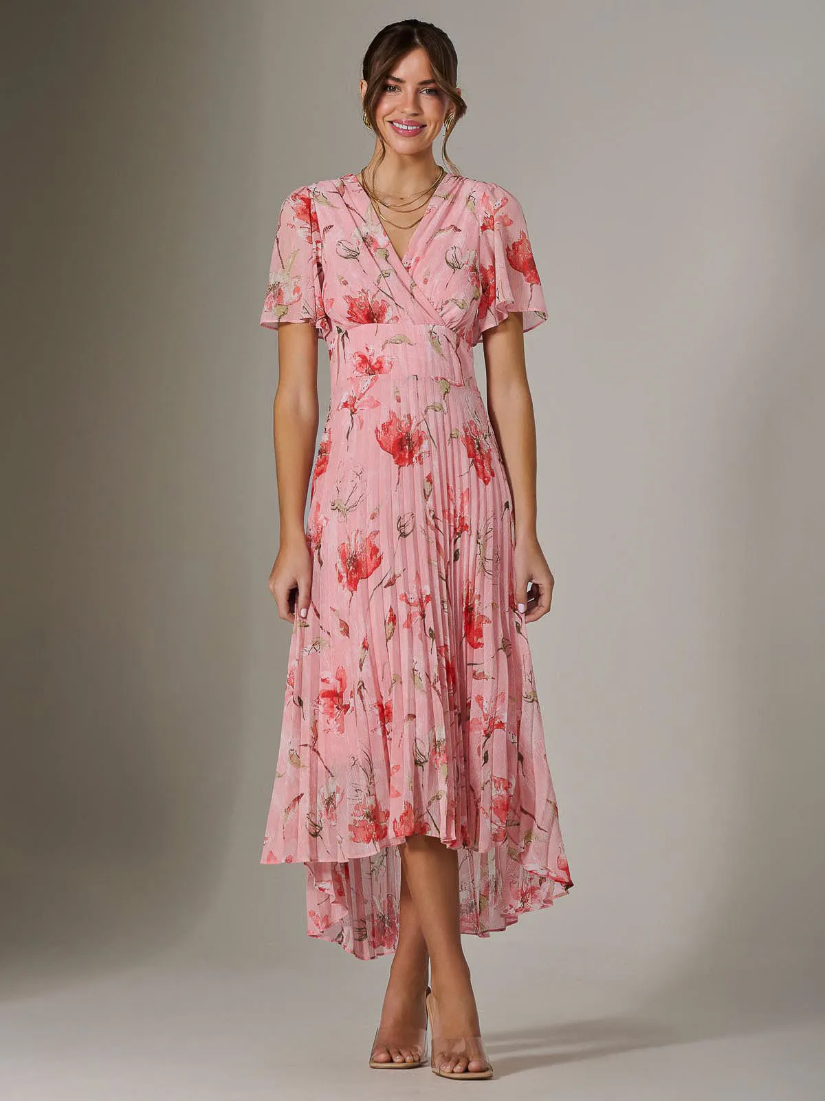 Angel Sleeve Pleated Chiffon Maxi Dress, Coral Pink