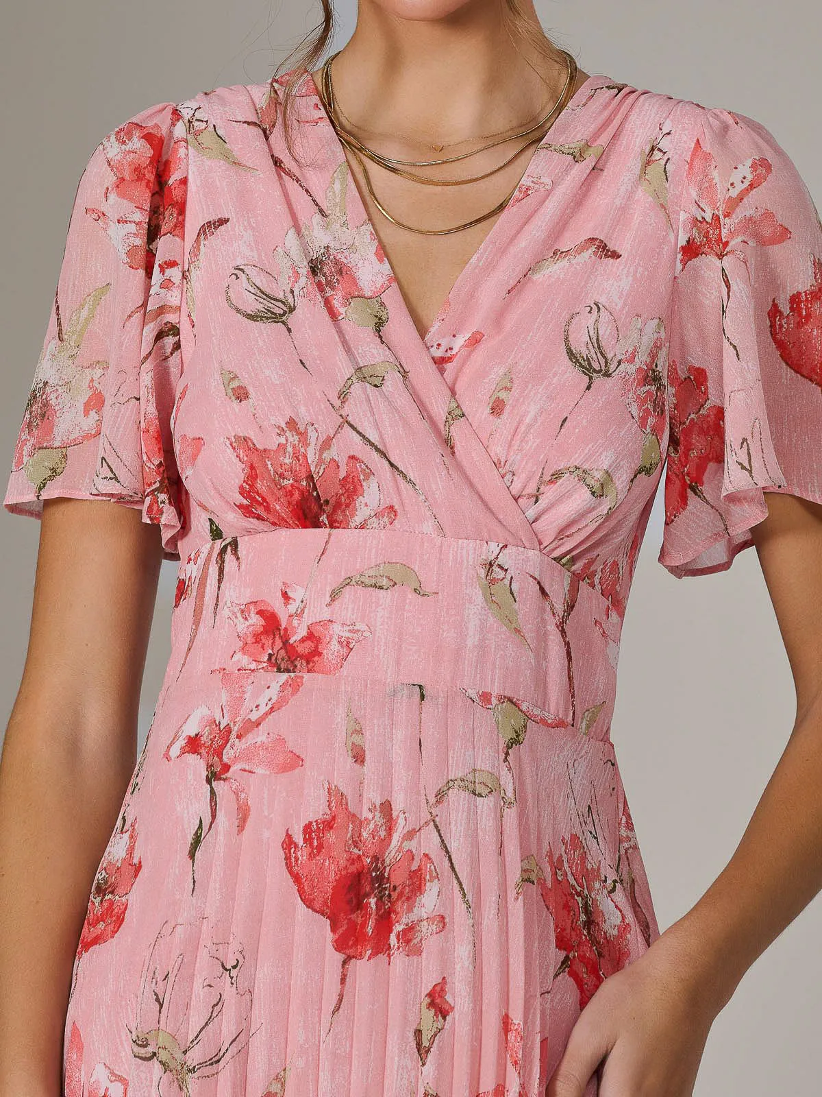Angel Sleeve Pleated Chiffon Maxi Dress, Coral Pink
