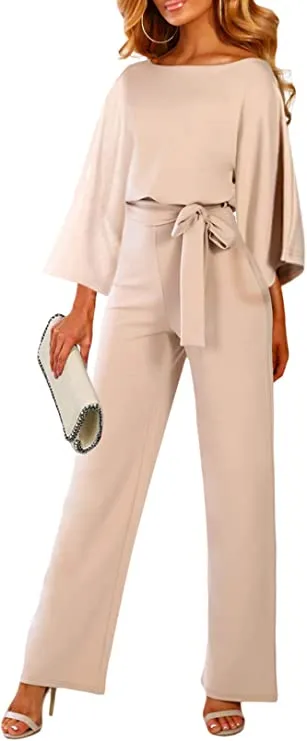 Apricot Full Sleeve Women Casual Loose Short Sleeve Belted Wide Leg Pant Romper Jumpsuits - Happy Sailed