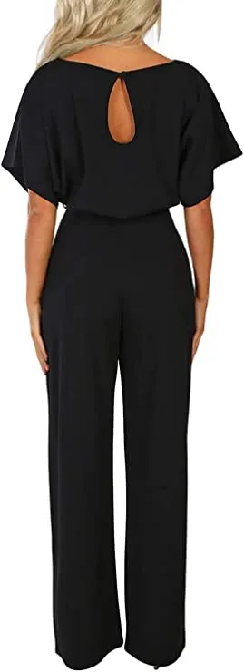 Apricot Full Sleeve Women Casual Loose Short Sleeve Belted Wide Leg Pant Romper Jumpsuits - Happy Sailed