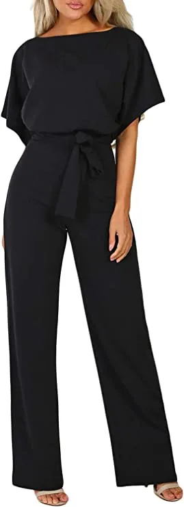 Apricot Full Sleeve Women Casual Loose Short Sleeve Belted Wide Leg Pant Romper Jumpsuits - Happy Sailed