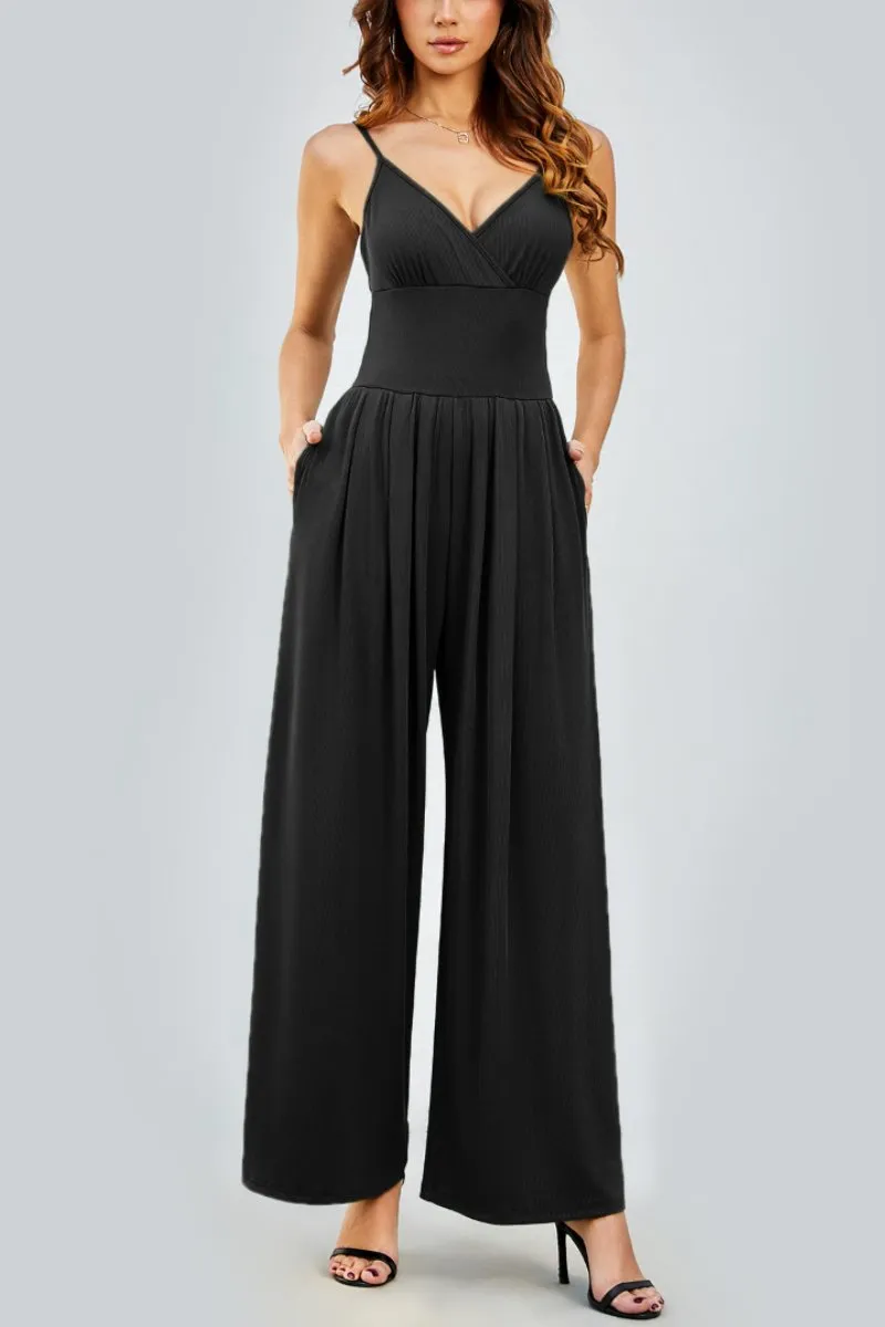 Black Elegant Spaghetti Straps Thin Waist Backless Wide Leg Jumpsuit
