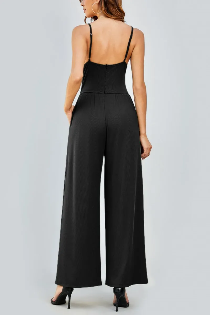 Black Elegant Spaghetti Straps Thin Waist Backless Wide Leg Jumpsuit