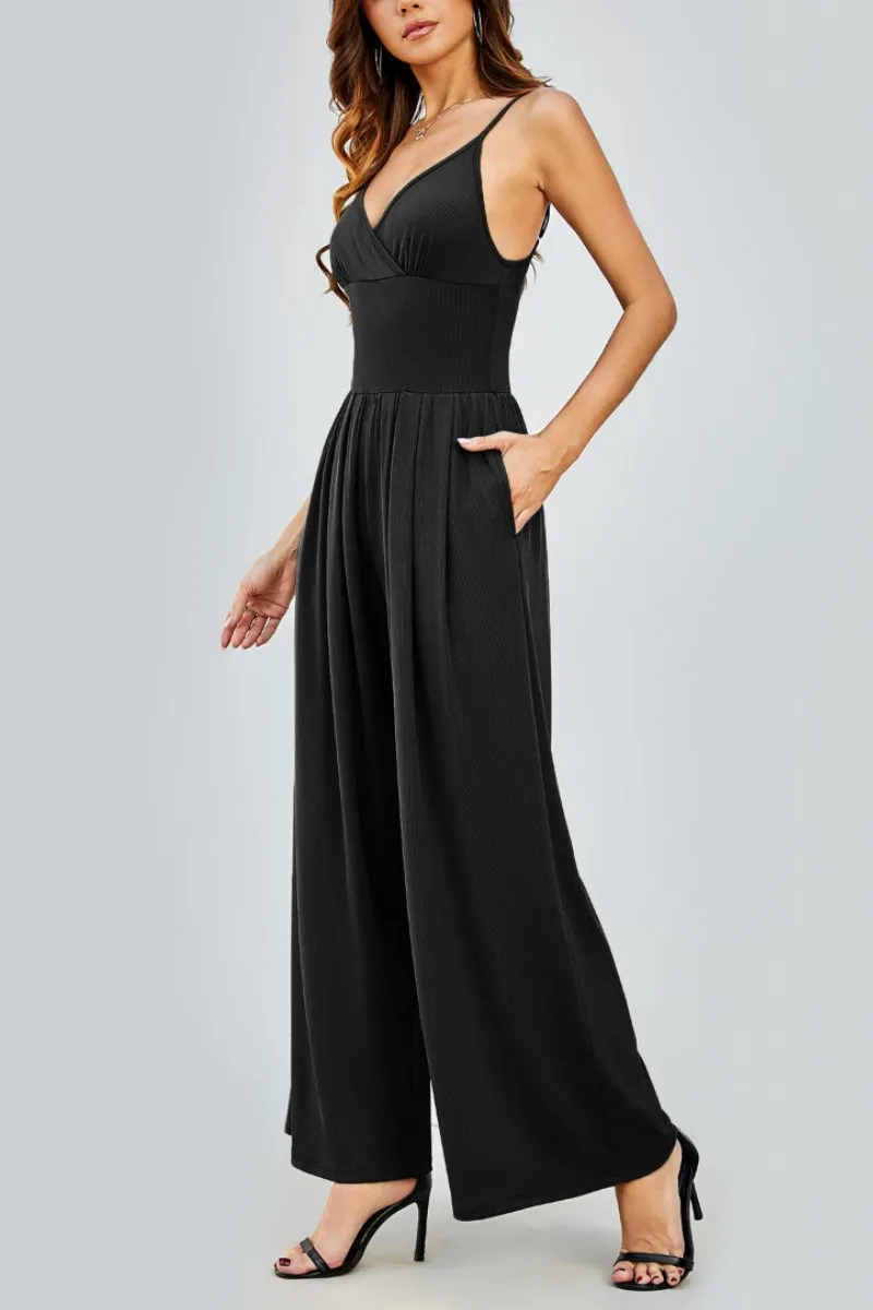 Black Elegant Spaghetti Straps Thin Waist Backless Wide Leg Jumpsuit