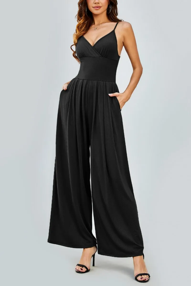 Black Elegant Spaghetti Straps Thin Waist Backless Wide Leg Jumpsuit