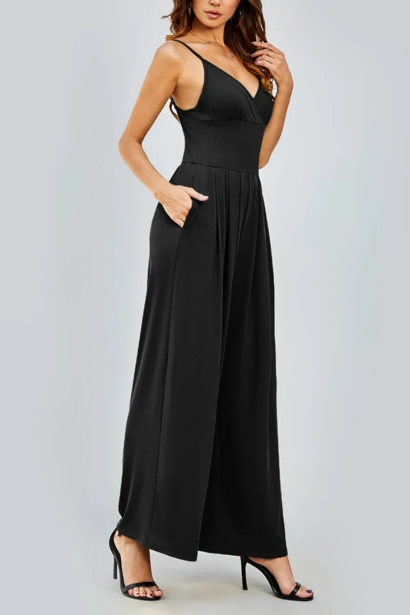 Black Elegant Spaghetti Straps Thin Waist Backless Wide Leg Jumpsuit