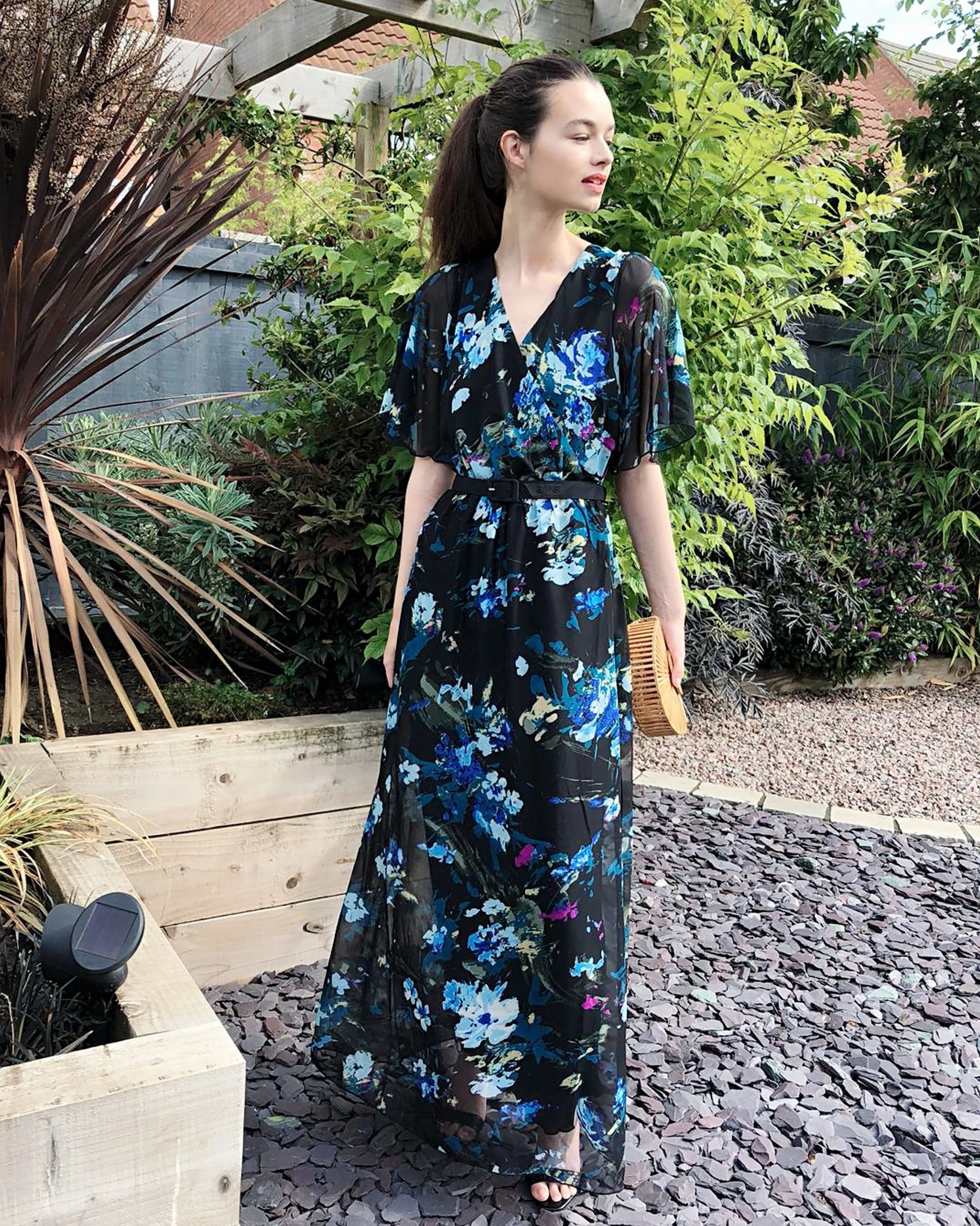 Black floral Print Chiffon Wrap Maxi Dress