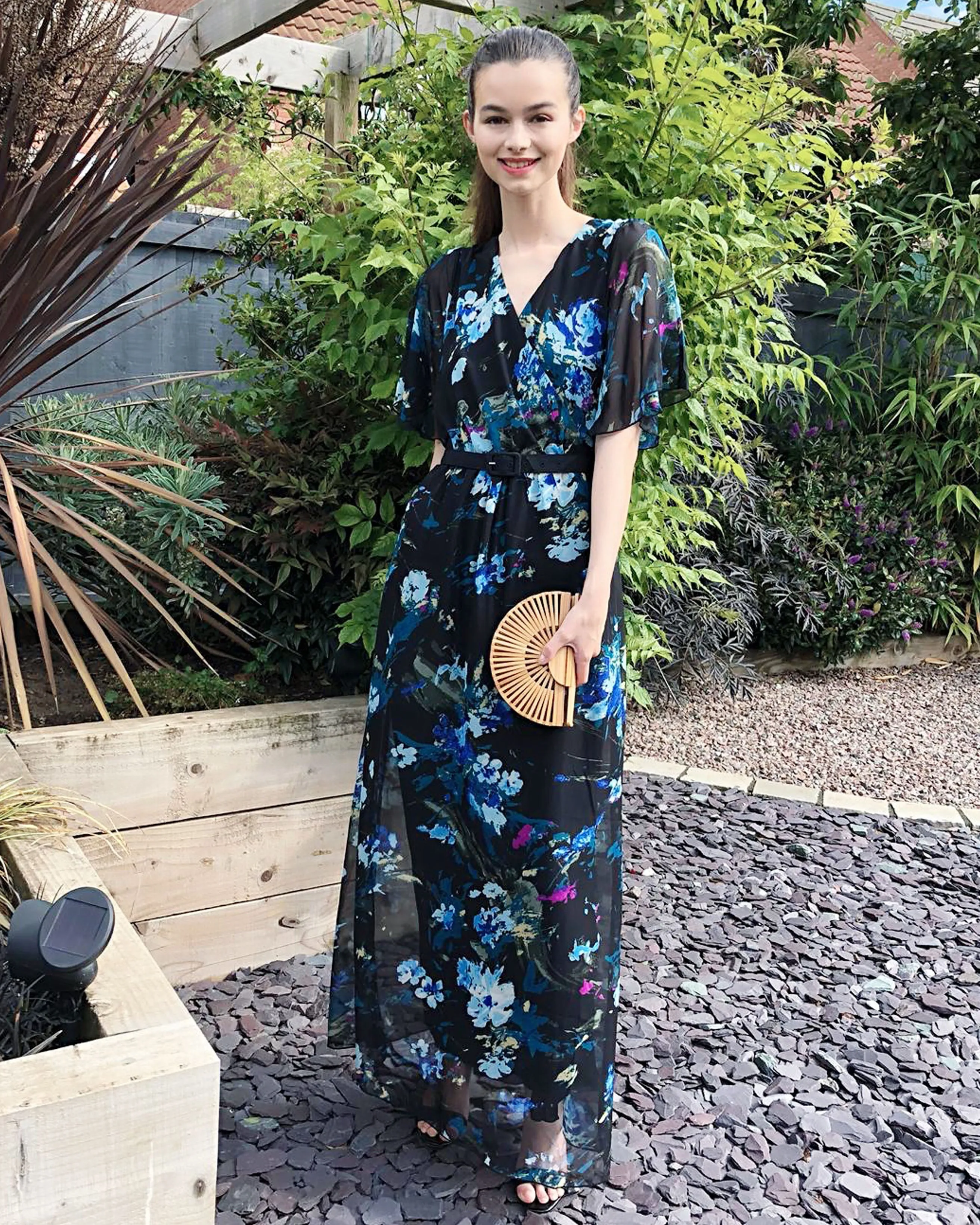 Black floral Print Chiffon Wrap Maxi Dress