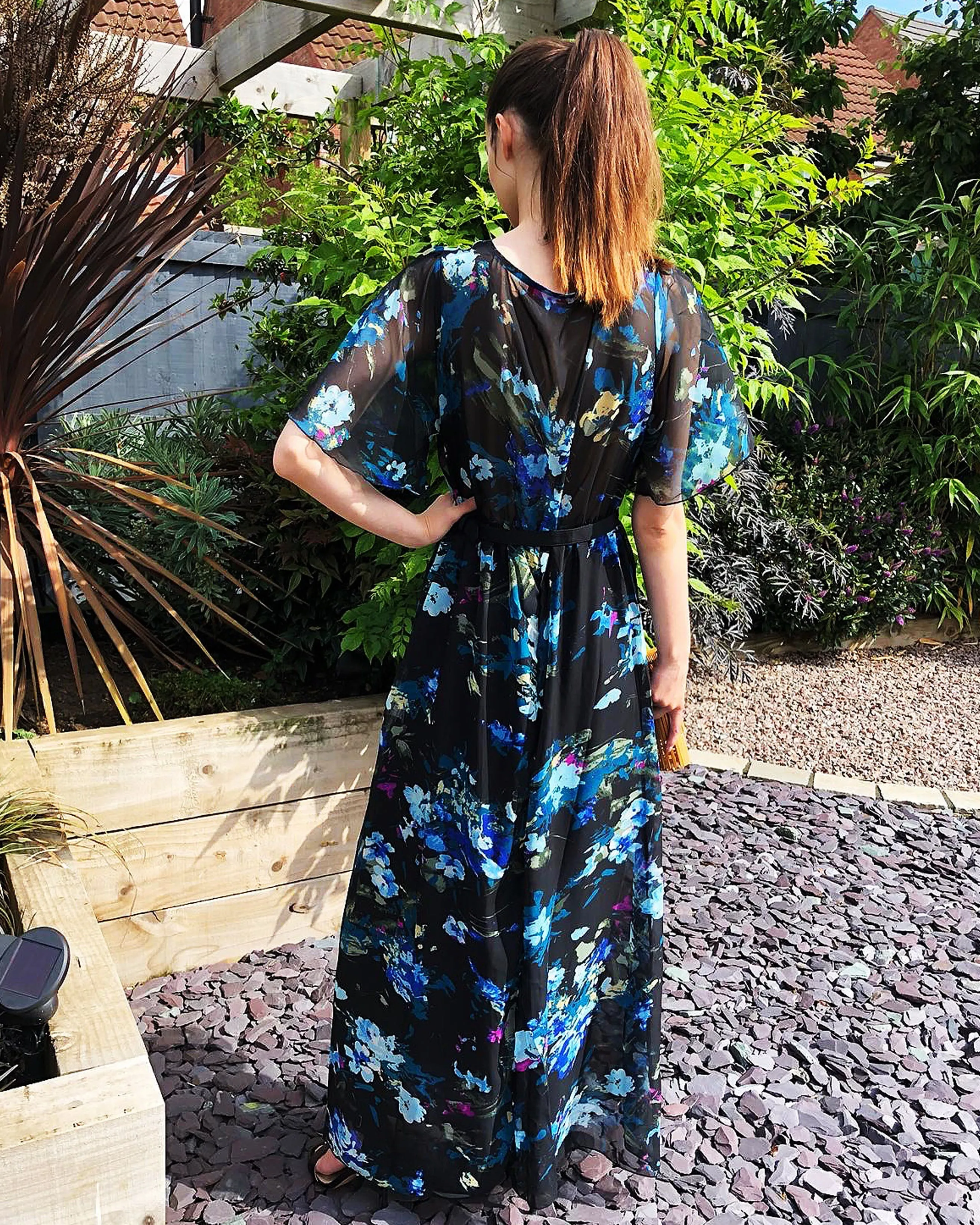 Black floral Print Chiffon Wrap Maxi Dress