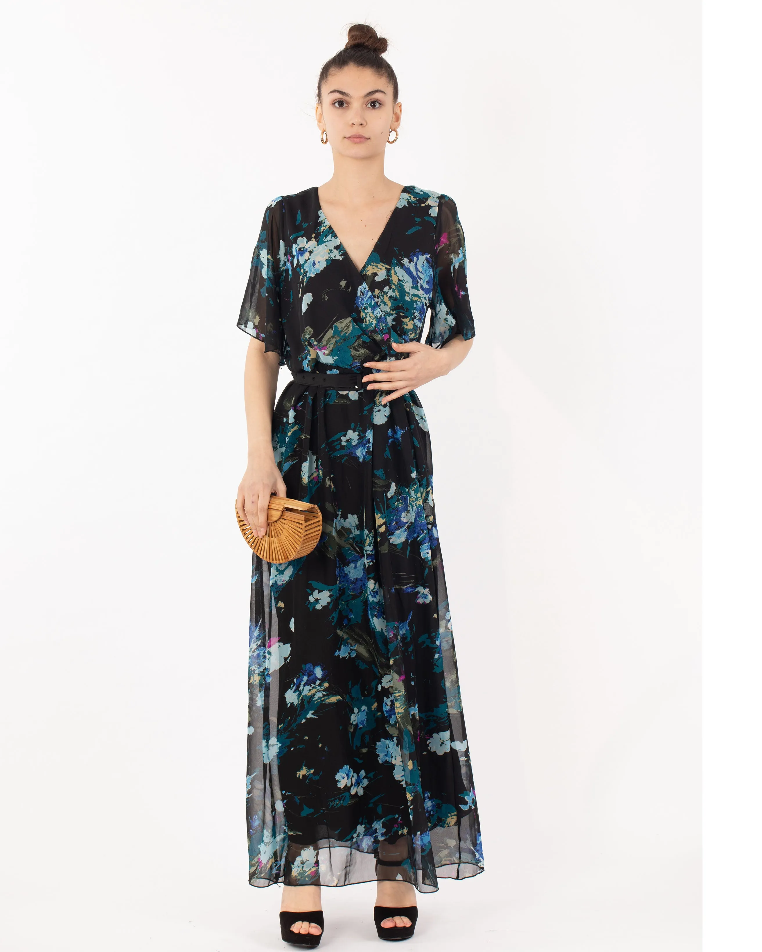Black floral Print Chiffon Wrap Maxi Dress