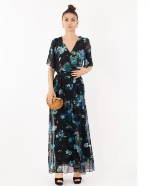 Black floral Print Chiffon Wrap Maxi Dress