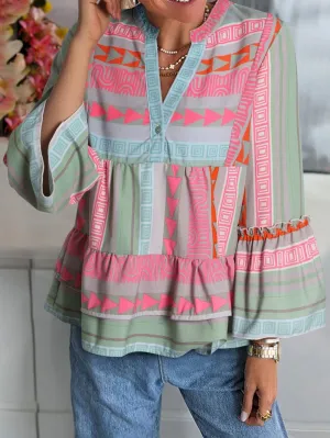 Bohemian Aztec Print Ruffle Sleeve V-Neck Blouse
