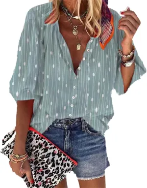 Boho Tops for Women 2025 Summer Floral Print Button Down V Neck 3/4 Sleeve Shirts Casual Loose Fit Trendy Blouses