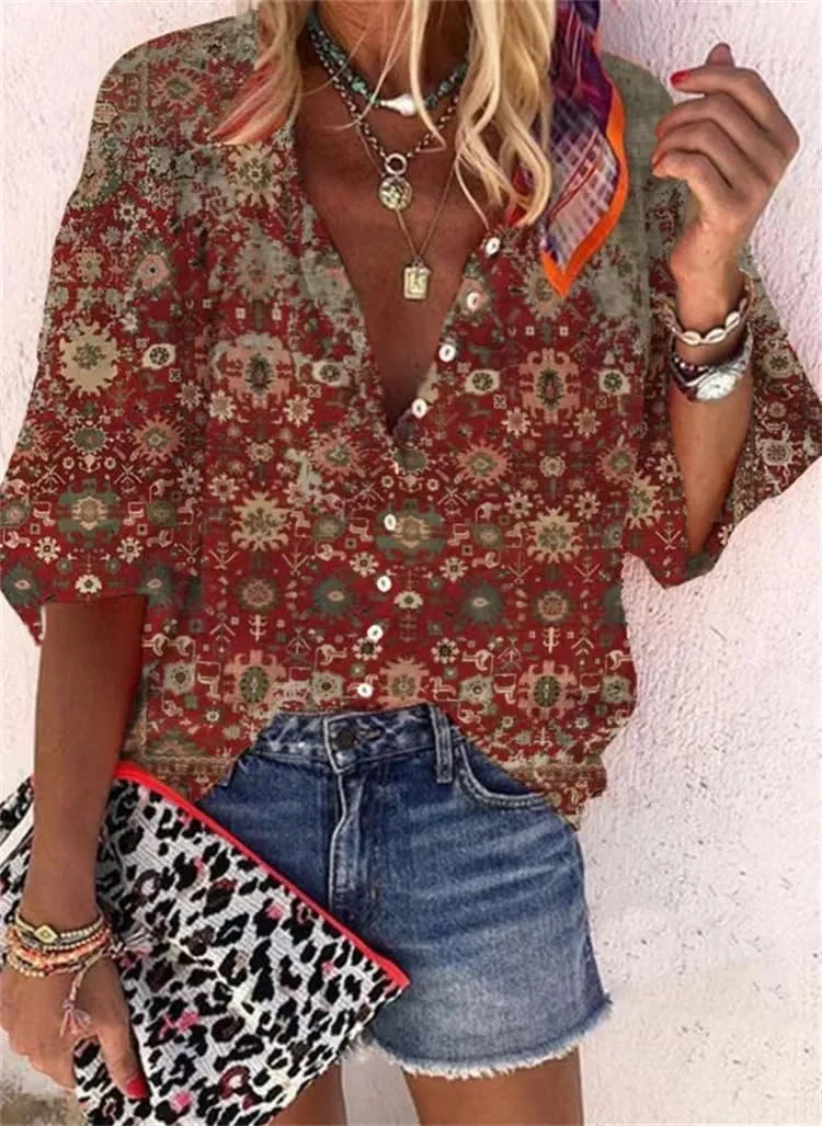 Boho Tops for Women 2025 Summer Floral Print Button Down V Neck 3/4 Sleeve Shirts Casual Loose Fit Trendy Blouses