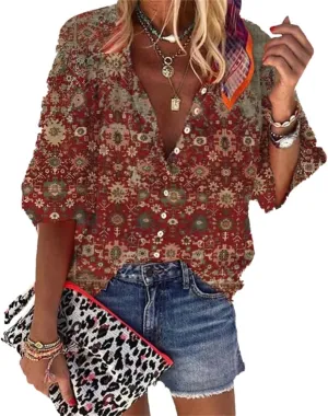 Boho Tops for Women 2025 Summer Floral Print Button Down V Neck 3/4 Sleeve Shirts Casual Loose Fit Trendy Blouses