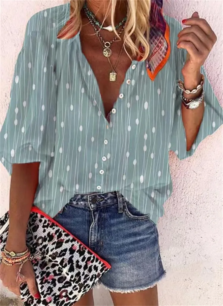 Boho Tops for Women 2025 Summer Floral Print Button Down V Neck 3/4 Sleeve Shirts Casual Loose Fit Trendy Blouses