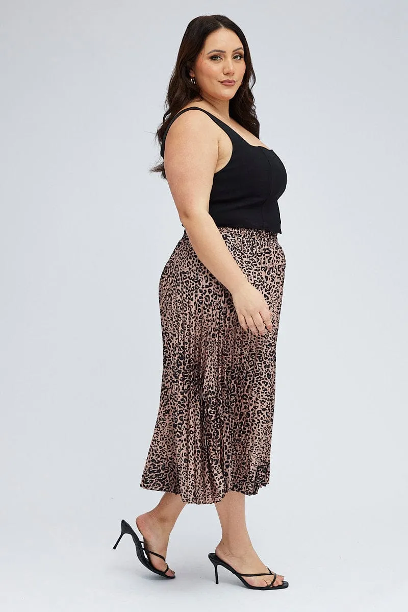 Brown Animal Print Pleated Skirt Leopard