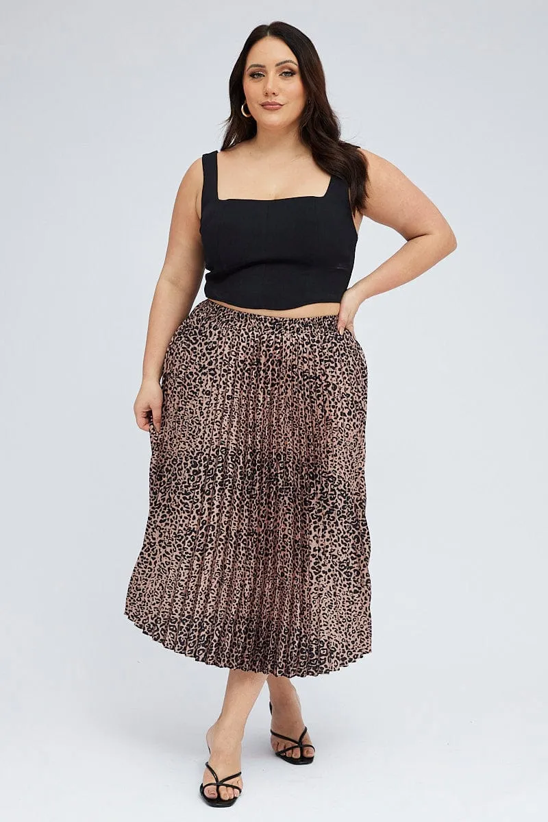 Brown Animal Print Pleated Skirt Leopard