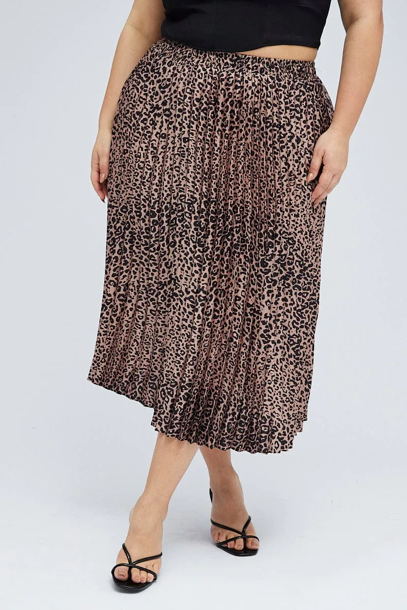 Brown Animal Print Pleated Skirt Leopard