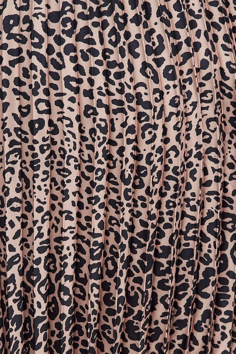 Brown Animal Print Pleated Skirt Leopard