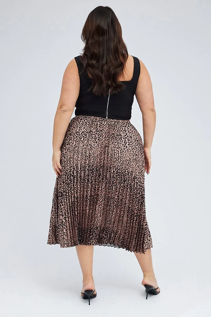 Brown Animal Print Pleated Skirt Leopard