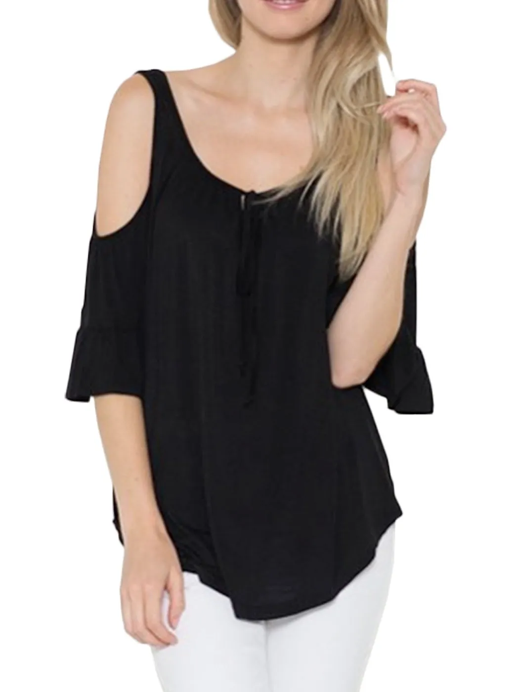Cold Shoulder Tie Up Flowy Blouse