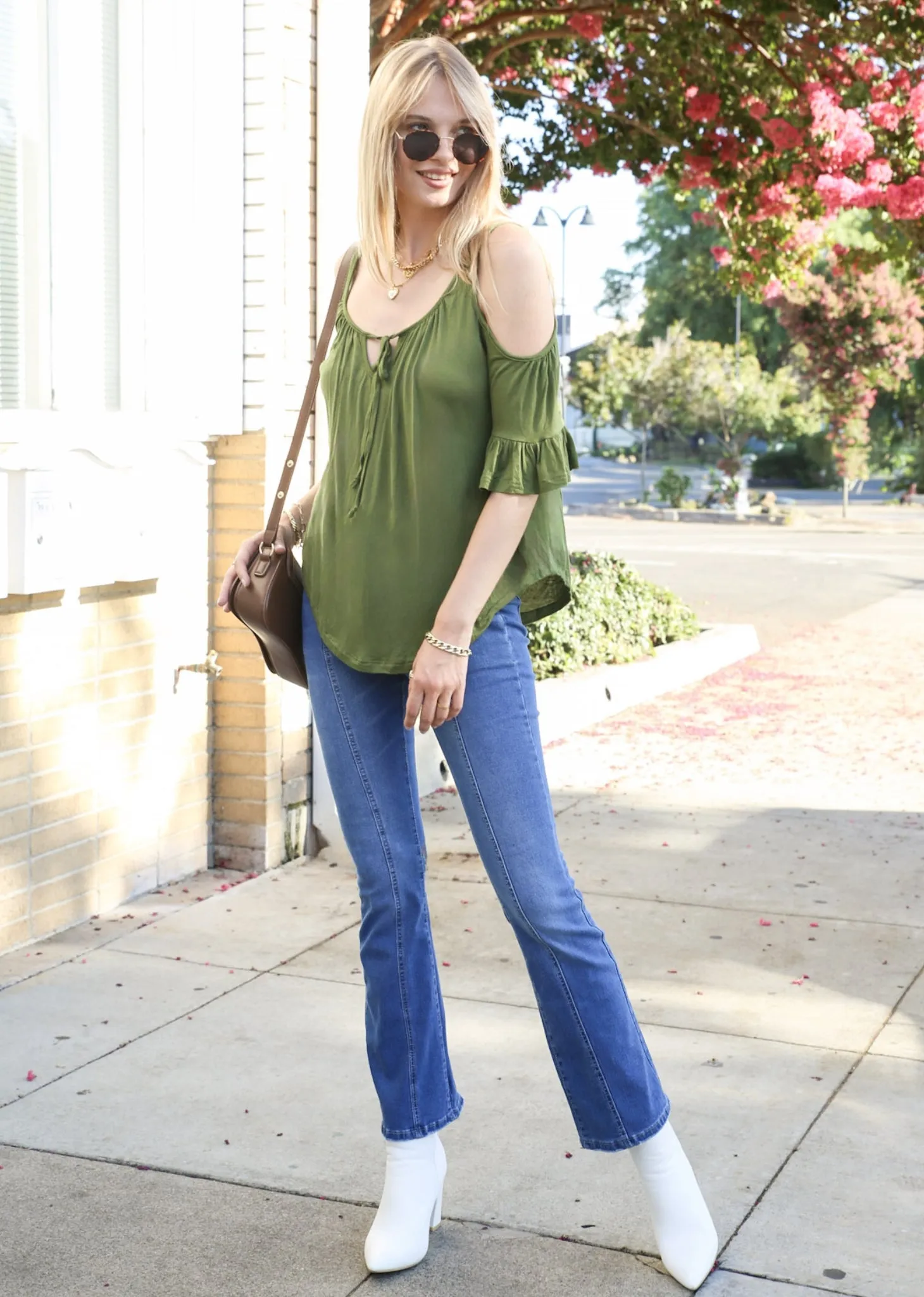 Cold Shoulder Tie Up Flowy Blouse