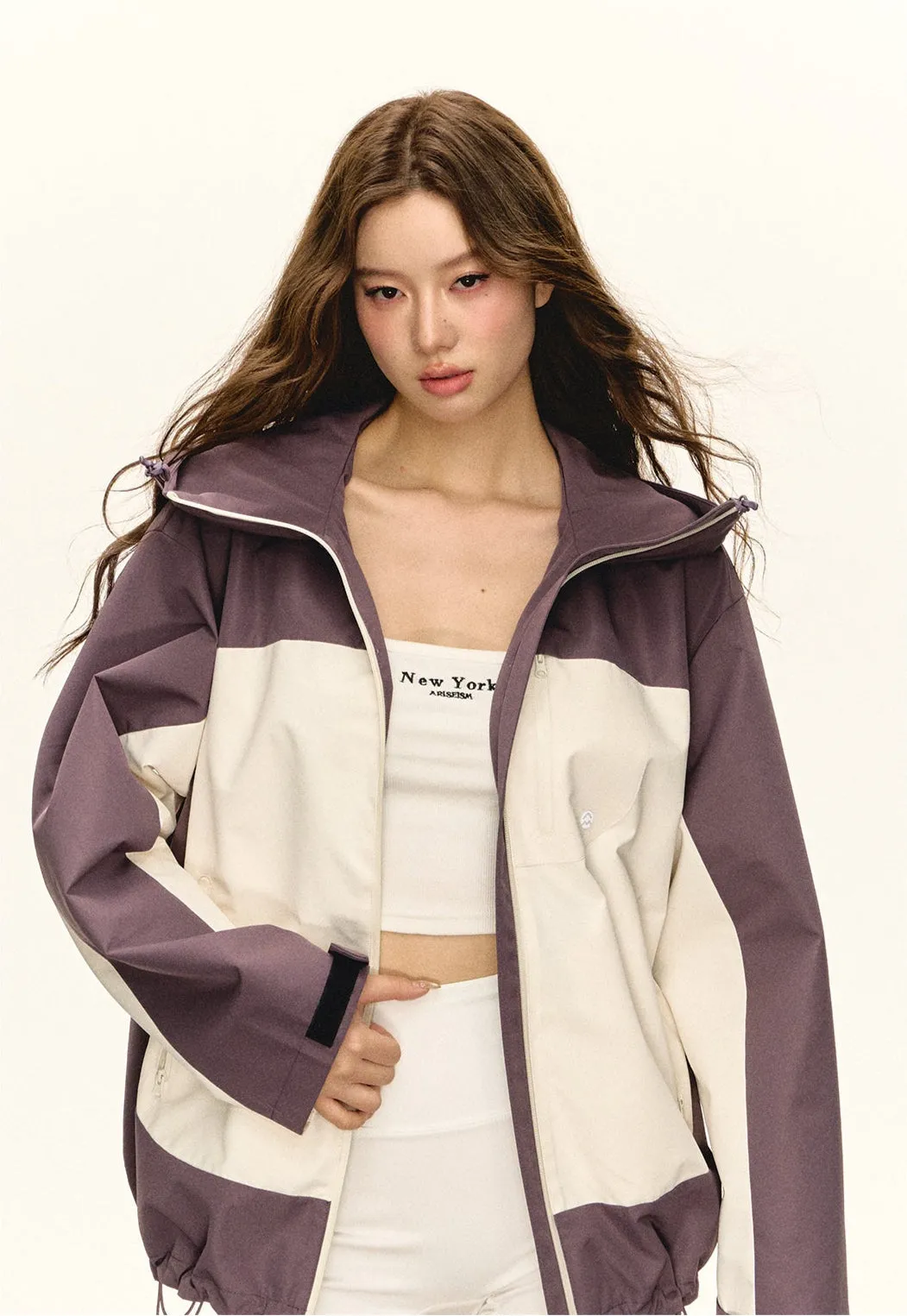 Color Block Hooded Zip-Up Windbreaker Jacket