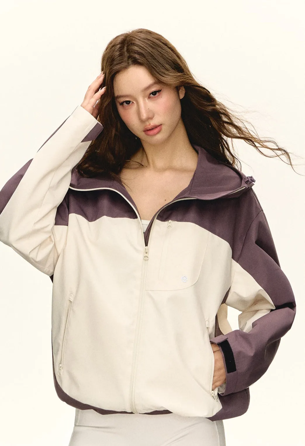 Color Block Hooded Zip-Up Windbreaker Jacket