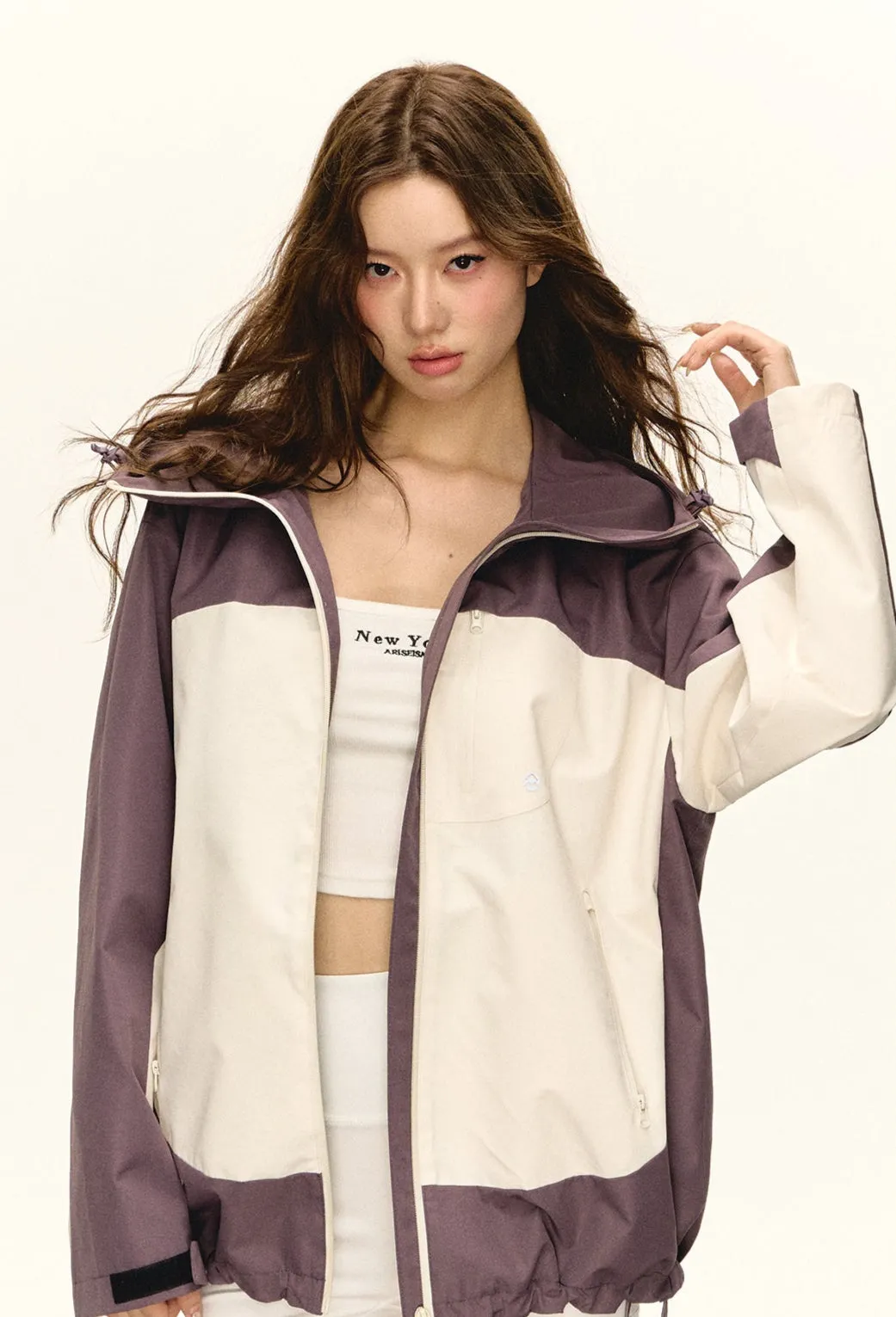 Color Block Hooded Zip-Up Windbreaker Jacket