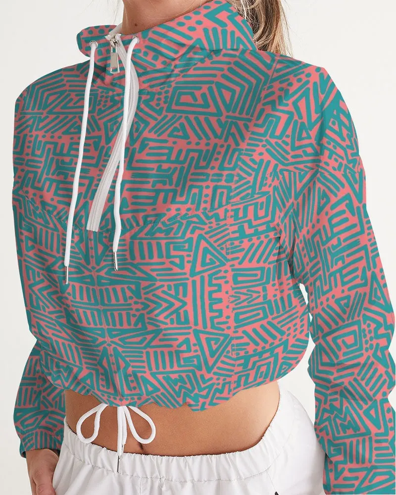 Coral & Teal Tribal Lines  Women's Cropped Windbreaker