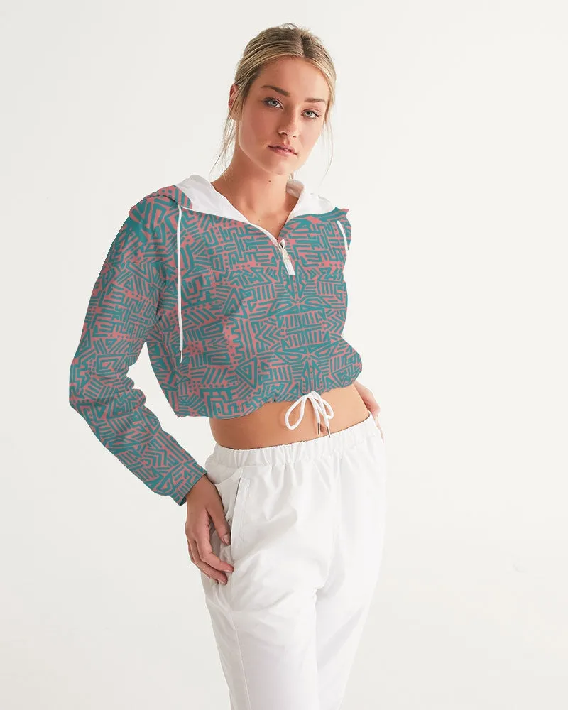 Coral & Teal Tribal Lines  Women's Cropped Windbreaker