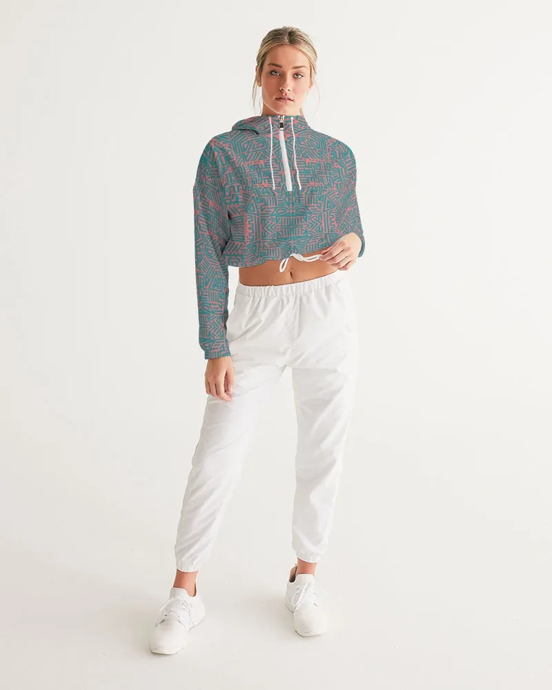 Coral & Teal Tribal Lines  Women's Cropped Windbreaker