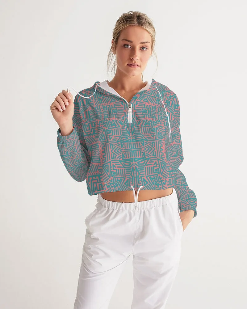 Coral & Teal Tribal Lines  Women's Cropped Windbreaker