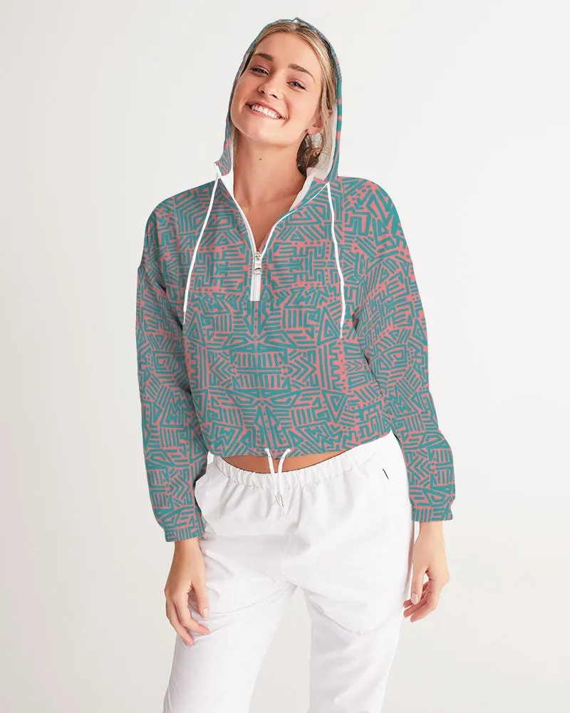 Coral & Teal Tribal Lines  Women's Cropped Windbreaker