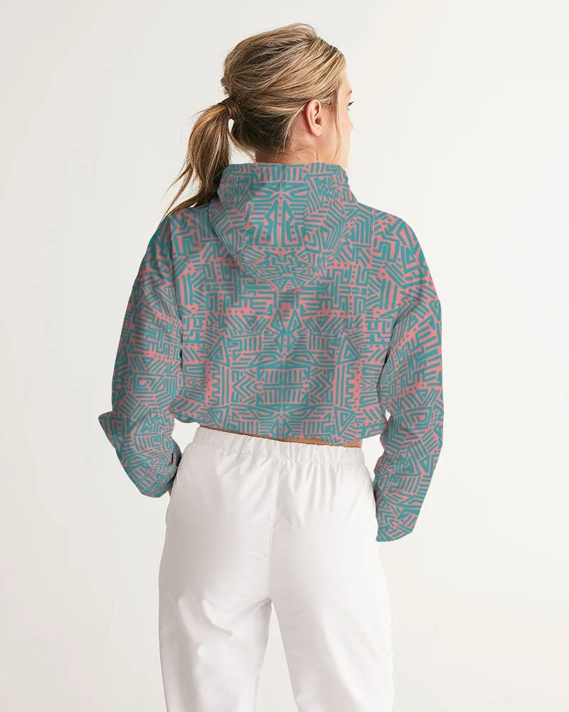 Coral & Teal Tribal Lines  Women's Cropped Windbreaker