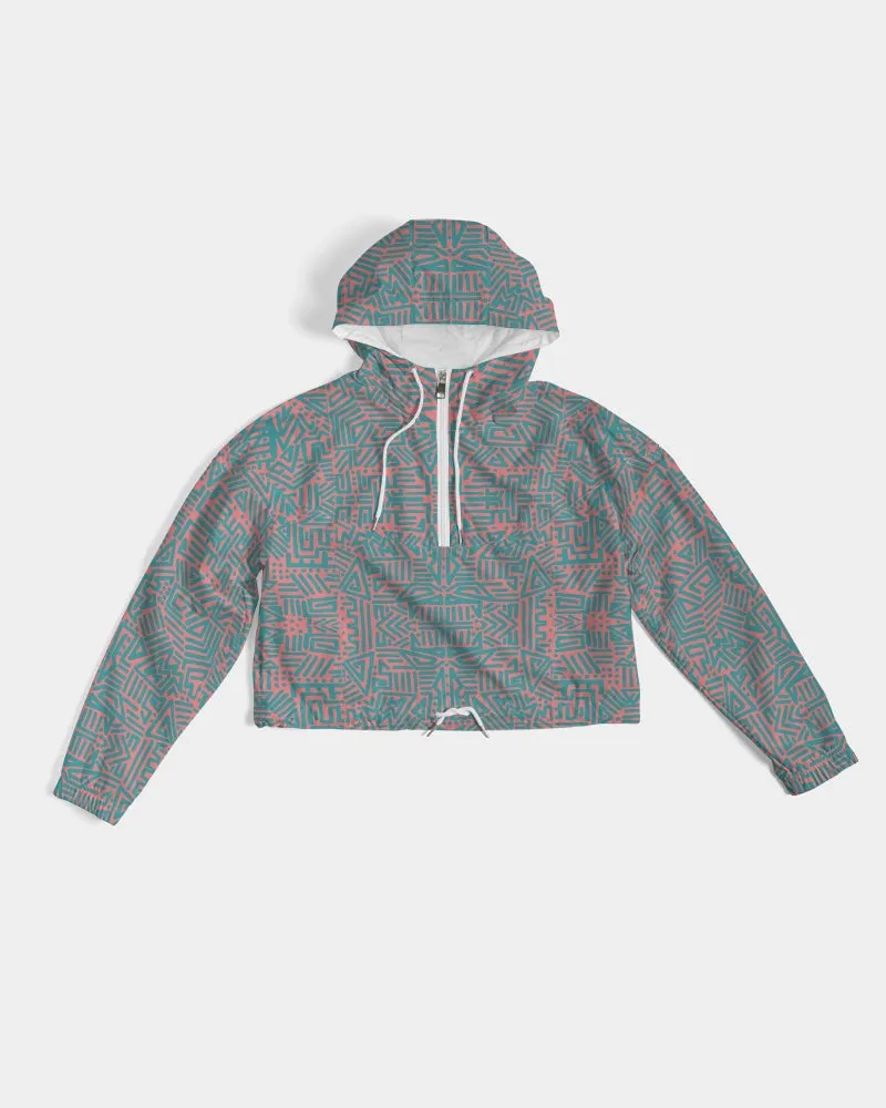 Coral & Teal Tribal Lines  Women's Cropped Windbreaker