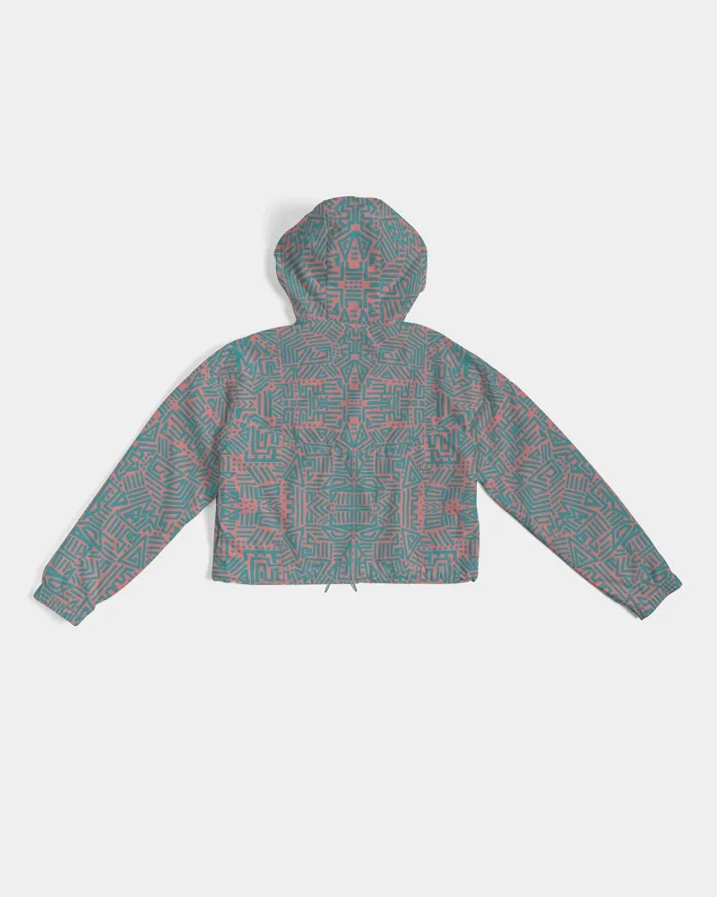 Coral & Teal Tribal Lines  Women's Cropped Windbreaker